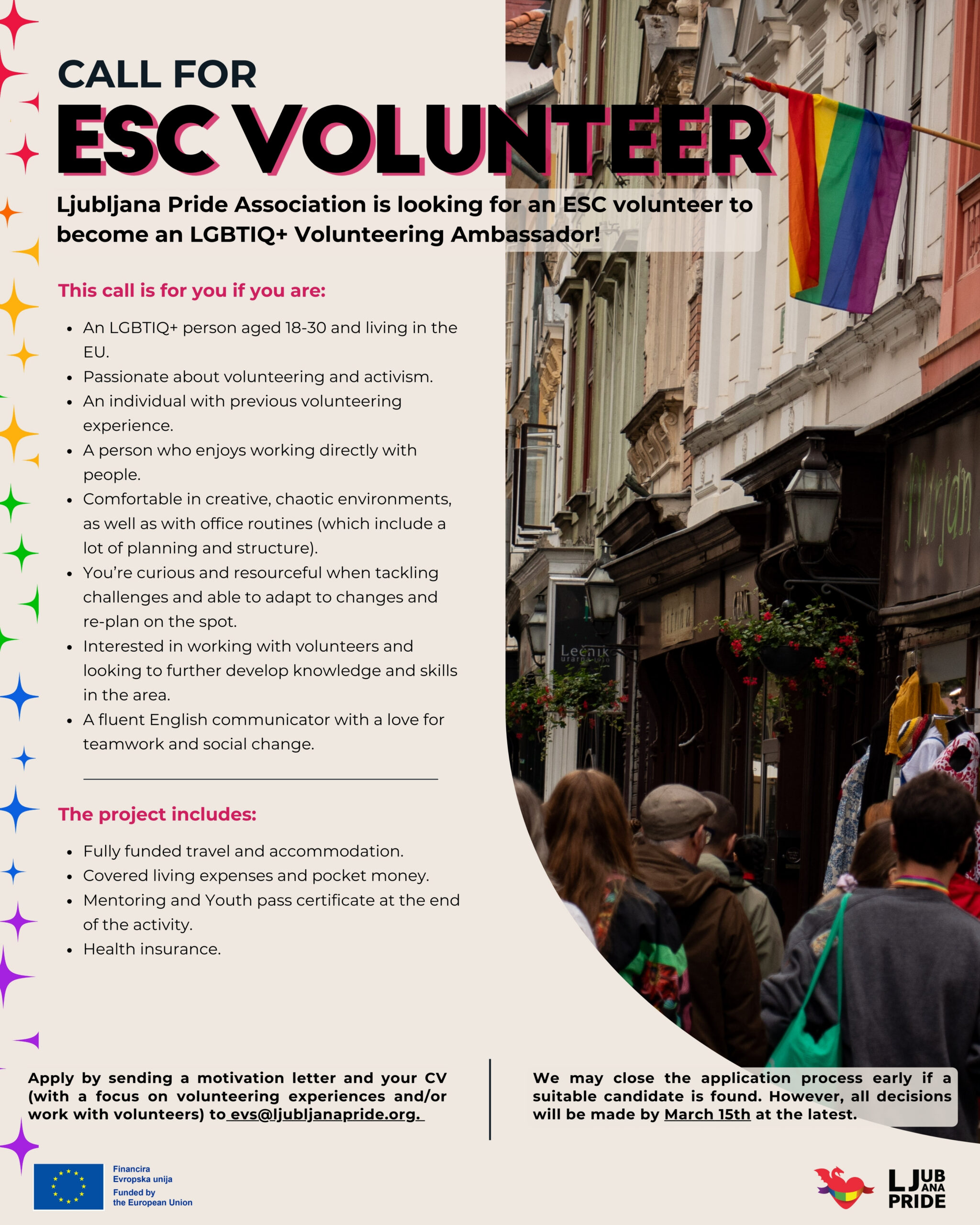 Ljubljana Pride Association is looking for an ESC volunteer: LGBTIQ+ Volunteering Ambassador
